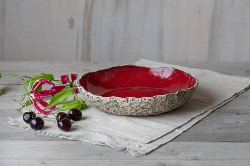 Stunning red ceramic bowl with cherries Handmade pottery bowl